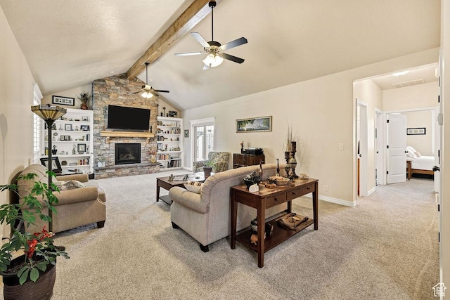 1065 W 2740 S, Nibley, UT 84321 - living area with light colored carpet, a ceiling fan, and a fireplace