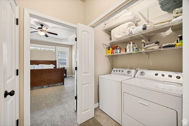 1065 W 2740 S, Nibley, UT 84321 - laundry room with washer and clothes dryer, ceiling fan, and light colored carpet
