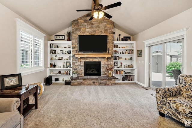 1065 W 2740 S, Nibley, UT 84321 - carpeted living room with ceiling fan, vaulted ceiling, and a fireplace