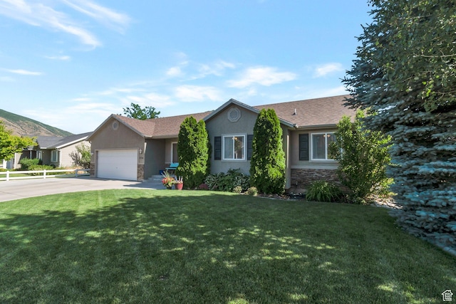 2714 E Stony Hill Way S, Spanish Fork, UT 84660 - ranch-style house featuring stone siding, driveway, stucco siding, a front yard, and an attached garage