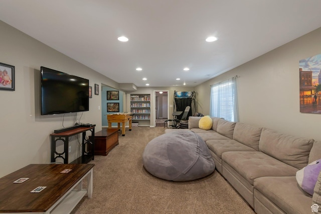 2714 E Stony Hill Way S, Spanish Fork, UT 84660 - living room with light carpet, recessed lighting, and built in features