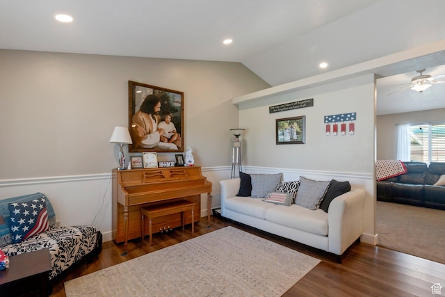 2714 E Stony Hill Way S, Spanish Fork, UT 84660 - living room featuring wood finished floors, lofted ceiling, ceiling fan, and recessed lighting