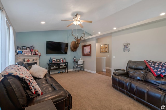 2714 E Stony Hill Way S, Spanish Fork, UT 84660 - living area with a ceiling fan, carpet, recessed lighting, and lofted ceiling