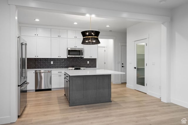 6658 W Docksider Dr, South Jordan, UT 84009 - kitchen with stainless steel appliances, tasteful backsplash, white cabinetry, light wood-style flooring, and recessed lighting
