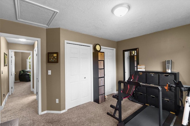 980 E 2850 N, North Logan, UT 84341 - exercise room featuring carpet, a textured ceiling, and attic access