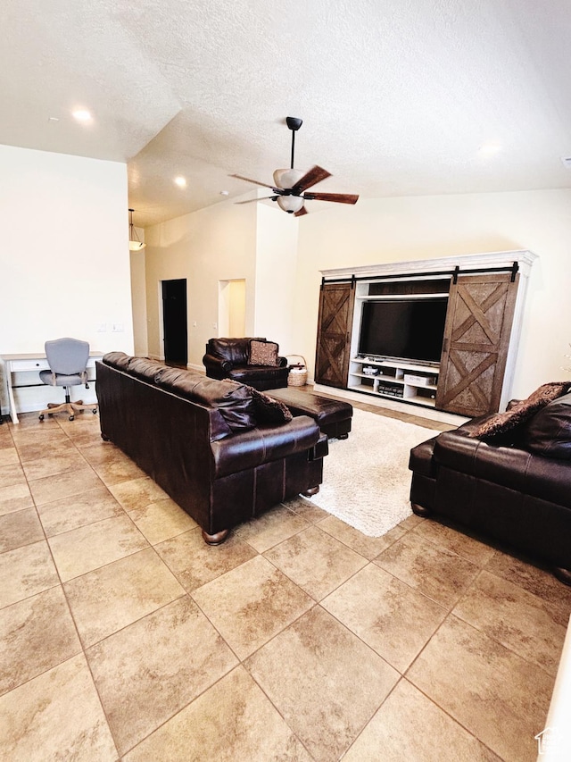 3853 Mitchell Dr, Santa Clara, UT 84765 - living room featuring a ceiling fan, a textured ceiling, light tile patterned flooring, and recessed lighting