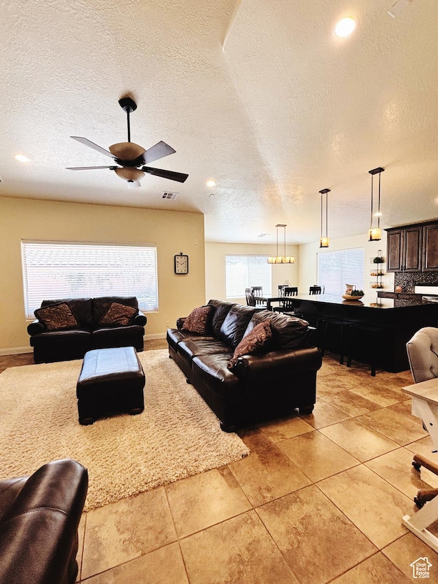 3853 Mitchell Dr, Santa Clara, UT 84765 - living area with a textured ceiling, a ceiling fan, light tile patterned floors, and recessed lighting