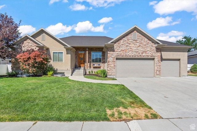 6264 S Dellron Dr, Murray, UT 84123 - view of front of property with a front lawn, an attached garage, driveway, and stone siding