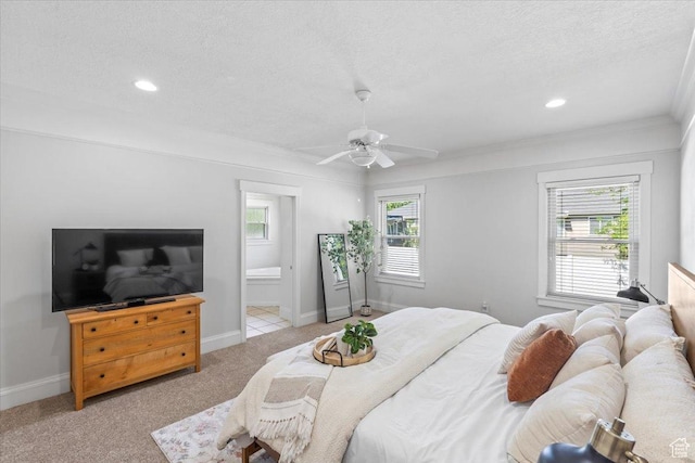 6264 S Dellron Dr, Murray, UT 84123 - bedroom with a textured ceiling, light carpet, recessed lighting, ceiling fan, and connected bathroom