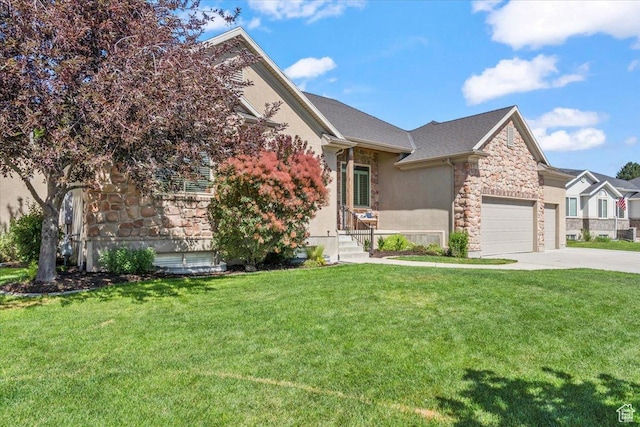 6264 S Dellron Dr, Murray, UT 84123 - view of front of house featuring stone siding, concrete driveway, a front yard, and stucco siding