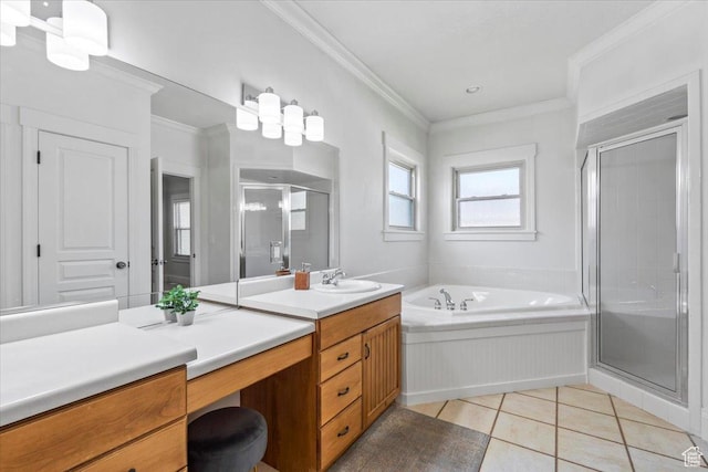 6264 S Dellron Dr, Murray, UT 84123 - bathroom featuring a stall shower, vanity, a garden tub, tile patterned flooring, and crown molding