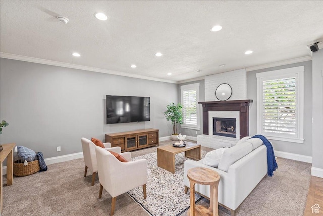 6264 S Dellron Dr, Murray, UT 84123 - living room featuring recessed lighting, crown molding, a fireplace, and wood finished floors