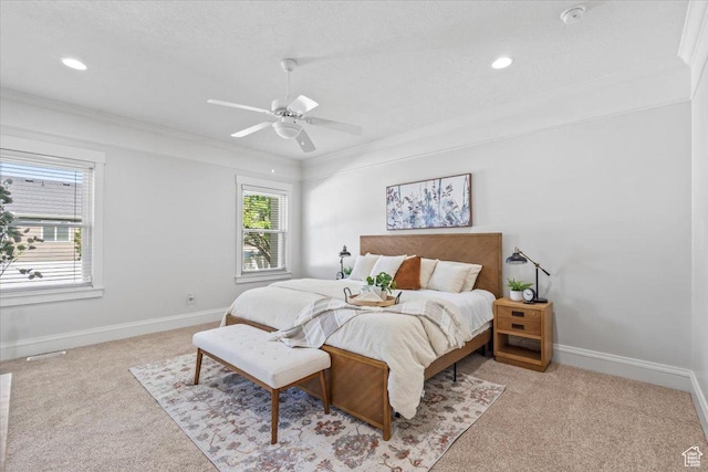 6264 S Dellron Dr, Murray, UT 84123 - bedroom with light colored carpet, recessed lighting, ornamental molding, and a ceiling fan