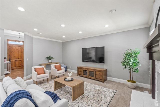 6264 S Dellron Dr, Murray, UT 84123 - carpeted living area with recessed lighting, ornamental molding, and a brick fireplace