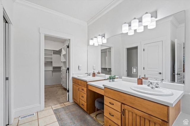 6264 S Dellron Dr, Murray, UT 84123 - bathroom with double vanity, a spacious closet, crown molding, and tile patterned flooring