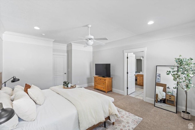 6264 S Dellron Dr, Murray, UT 84123 - bedroom with light carpet, recessed lighting, ornamental molding, ensuite bathroom, and a ceiling fan