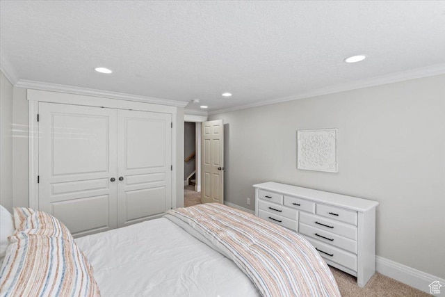 6264 S Dellron Dr, Murray, UT 84123 - bedroom with recessed lighting, light carpet, a closet, and ornamental molding