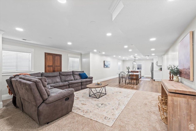 6264 S Dellron Dr, Murray, UT 84123 - living area with crown molding, recessed lighting, and light wood-style flooring