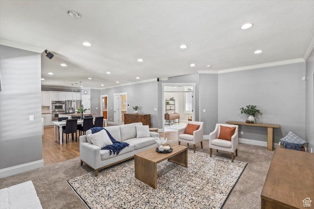 6264 S Dellron Dr, Murray, UT 84123 - living room featuring recessed lighting, light colored carpet, and ornamental molding