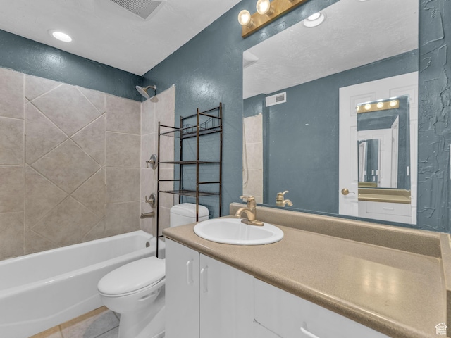 13225 S Redwood Rd, Riverton, UT 84065 - bathroom with shower / bathtub combination, vanity, tile patterned floors, and a textured wall