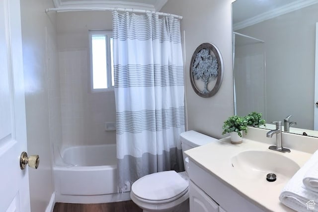 5373 W 6600 S, West Jordan, UT 84081 - full bathroom featuring vanity, shower / bath combo with shower curtain, crown molding, and wood finished floors