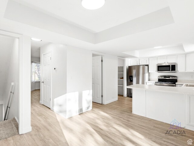 1285 S 550 E, Springville, UT 84663 - kitchen with stainless steel appliances, a raised ceiling, light wood finished floors, and white cabinets