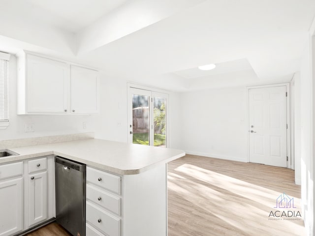 1285 S 550 E, Springville, UT 84663 - kitchen with dishwasher, a tray ceiling, a peninsula, light wood finished floors, and white cabinetry
