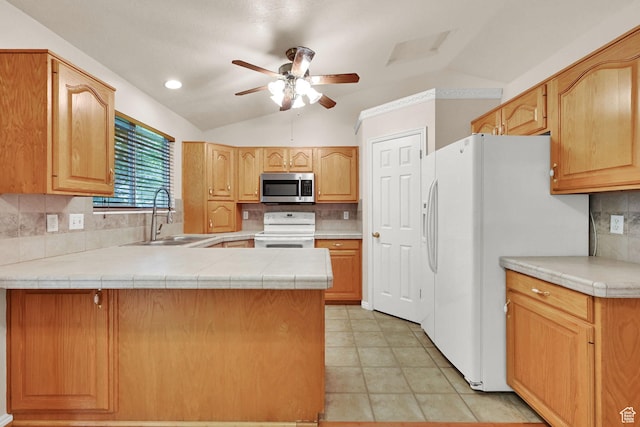 4188 S 2725 W, Roy, UT 84067 - kitchen with white appliances, ceiling fan, lofted ceiling, a peninsula, and tasteful backsplash
