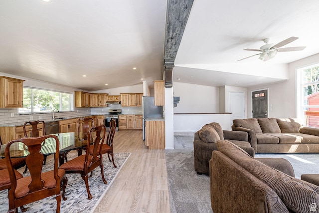 432 E 2700 N, North Ogden, UT 84414 - living room featuring vaulted ceiling, light wood-style flooring, a ceiling fan, and recessed lighting