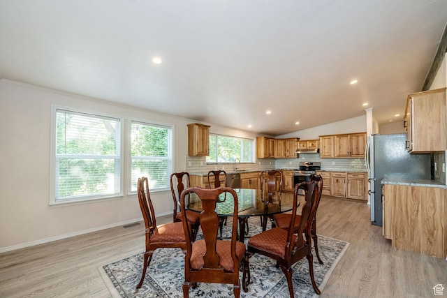 432 E 2700 N, North Ogden, UT 84414 - dining room featuring light wood-style flooring, lofted ceiling, recessed lighting, and ornamental molding