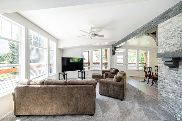432 E 2700 N, North Ogden, UT 84414 - living area featuring healthy amount of natural light, ceiling fan, wood finished floors, and a fireplace