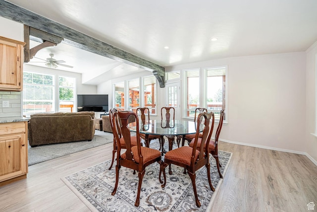 432 E 2700 N, North Ogden, UT 84414 - dining space with light wood finished floors, beam ceiling, a ceiling fan, and recessed lighting