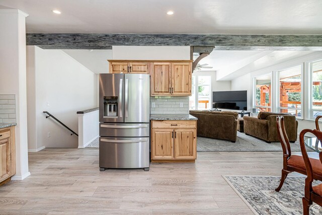432 E 2700 N, North Ogden, UT 84414 - kitchen featuring stainless steel fridge, tasteful backsplash, light wood-style floors, a ceiling fan, and light stone countertops