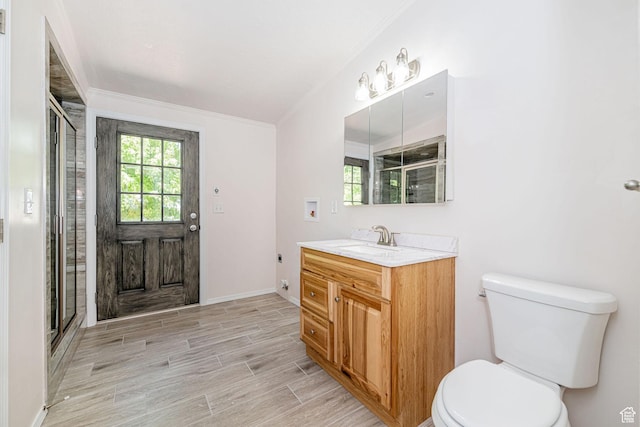 432 E 2700 N, North Ogden, UT 84414 - full bathroom featuring vanity, ornamental molding, wood finish floors, and a shower with shower door