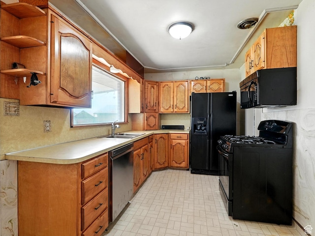 1951 W 4900 S, Roy, UT 84067 - kitchen with black appliances, light countertops, brown cabinetry, and open shelves