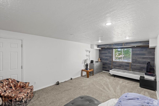 3186 N 1175 E, Layton, UT 84040 - living room featuring carpet, a textured ceiling, wood walls, and recessed lighting