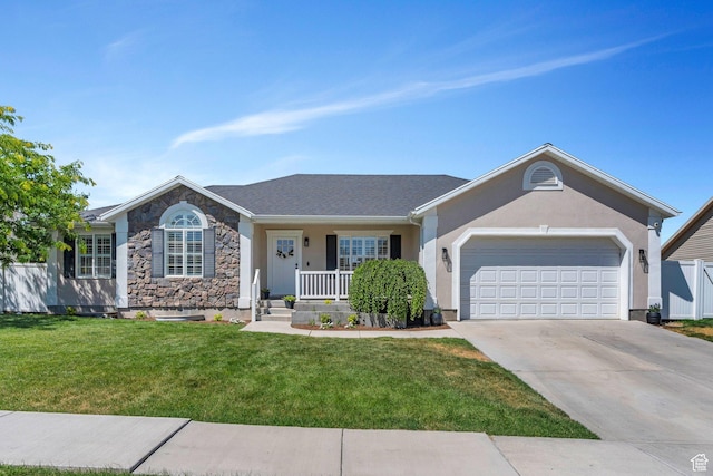 914 W Red Fox Ln, Saratoga Springs, UT 84045 - ranch-style house with an attached garage, driveway, stucco siding, a front lawn, and a porch