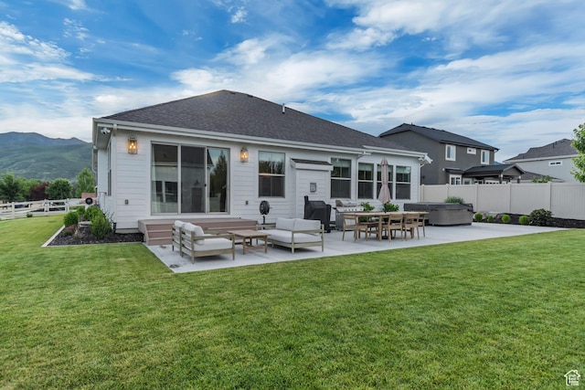 387 S 300 E, Midway, UT 84049 - back of property featuring a patio, a fenced backyard, a hot tub, and a mountain view