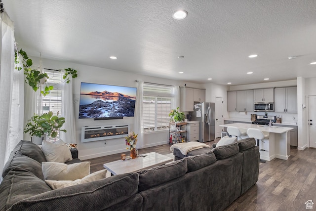 5680 W Pelican Ridge Ln, Salt Lake City, UT 84118 - living area featuring dark wood-style floors, recessed lighting, and a textured ceiling