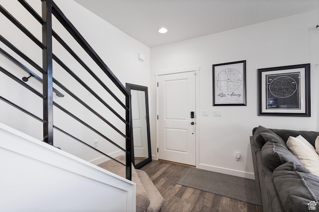 5680 W Pelican Ridge Ln, Salt Lake City, UT 84118 - entrance foyer with stairway, dark wood finished floors, and recessed lighting
