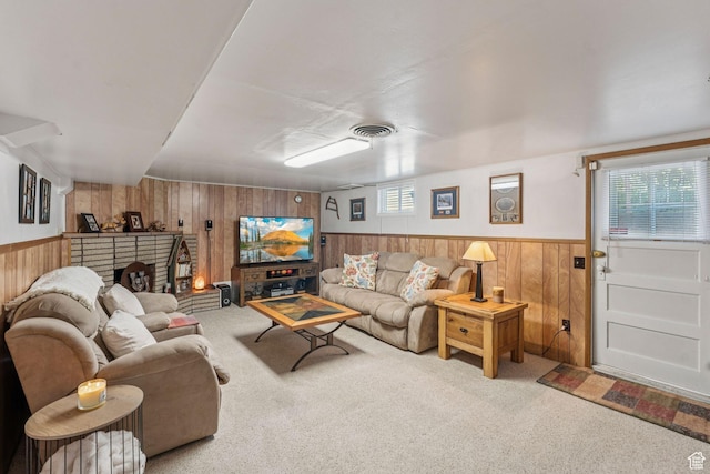 1492 S 2100 E, Salt Lake City, UT 84108 - living area featuring wood walls, carpet, a wainscoted wall, and a brick fireplace