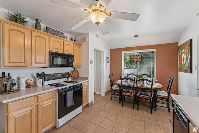 1492 S 2100 E, Salt Lake City, UT 84108 - kitchen featuring range with gas stovetop, black microwave, light countertops, light tile patterned floors, and ceiling fan