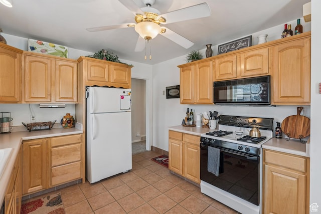 1492 S 2100 E, Salt Lake City, UT 84108 - kitchen featuring white appliances, a ceiling fan, light tile patterned floors, light countertops, and light brown cabinetry