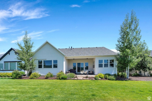 586 S Appenzell Ln W Unit 16, Midway, UT 84049 - rear view of property with a yard, stucco siding, a patio, and a shingled roof
