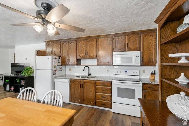 141 E 700 N Unit 29, Provo, UT 84606 - kitchen featuring white appliances, open shelves, ceiling fan, a textured ceiling, and dark wood-style flooring