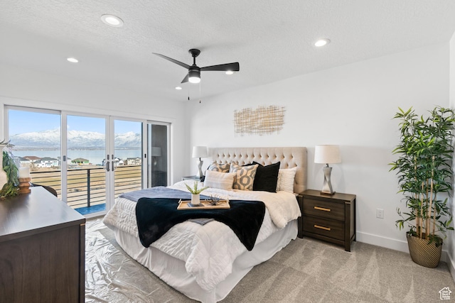 79 E Watson Dr, Saratoga Springs, UT 84045 - bedroom with access to outside, recessed lighting, light colored carpet, a water view, and ceiling fan