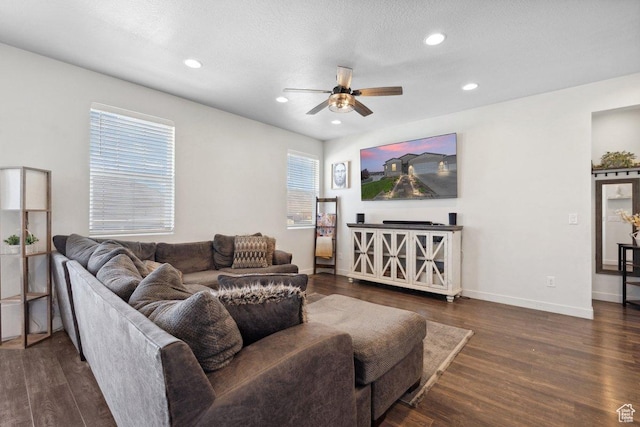 6228 N Boulter Peak Ln, Eagle Mountain, UT 84005 - living area with a ceiling fan, dark wood finished floors, and recessed lighting