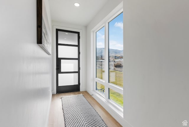 78 Watson Dr, Saratoga Springs, UT 84045 - entryway with a mountain view, light wood-style floors, and recessed lighting