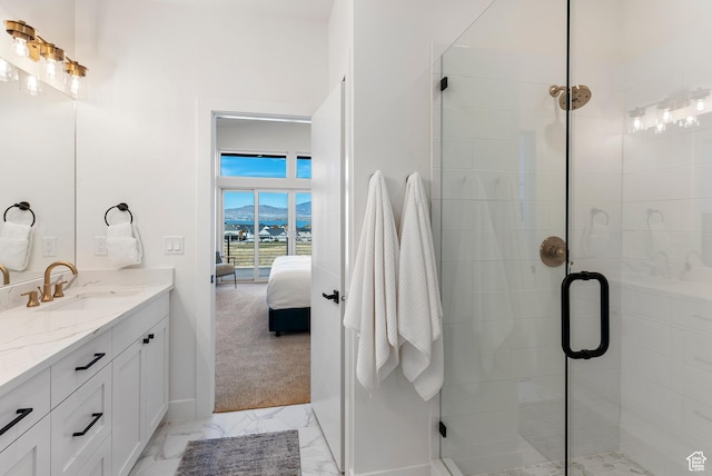 78 Watson Dr, Saratoga Springs, UT 84045 - bathroom with vanity, a stall shower, connected bathroom, and marble finish floors