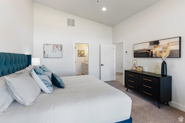 78 Watson Dr, Saratoga Springs, UT 84045 - bedroom with light carpet, high vaulted ceiling, and connected bathroom